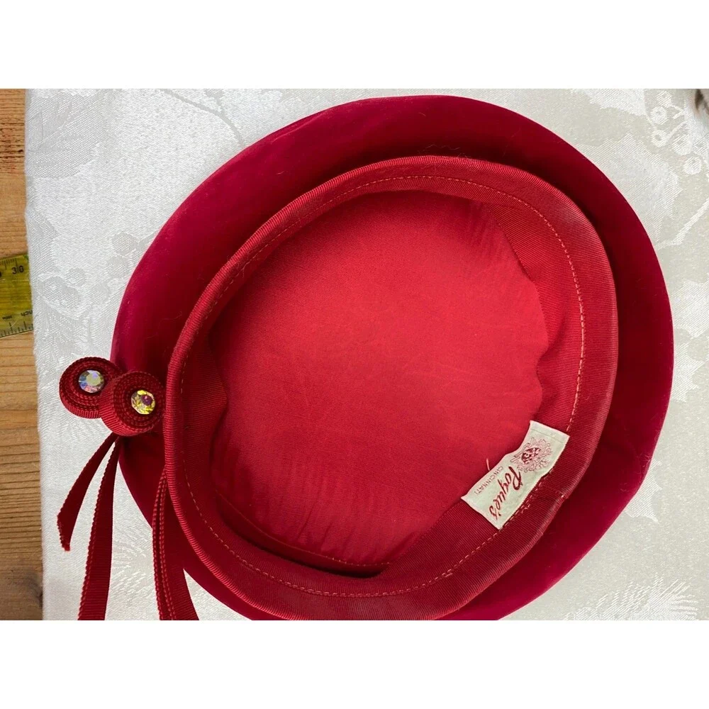 Vtg 1950s Crimson Red Velvet Tilt Saucer Hat Grosgrain Bow Pogue's Size 22